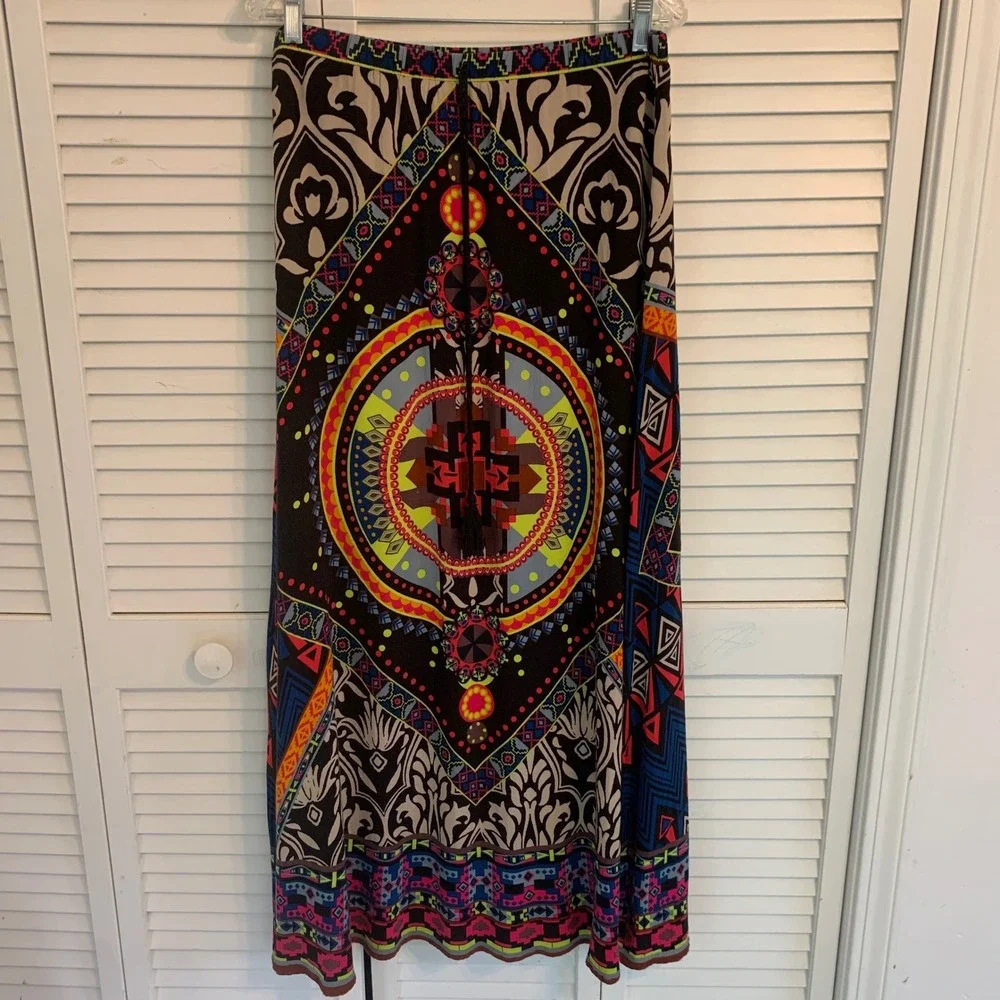fab'rik Maxi Skirt Geometric Tribal Print Tassel Womens M Festival Psychedelic